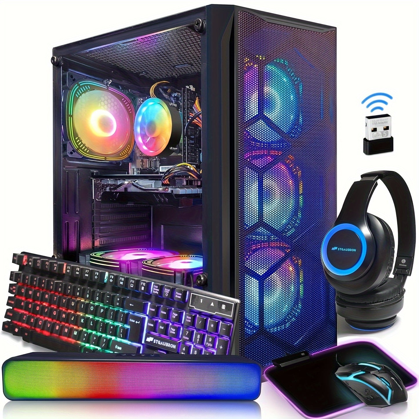 STGAubron Gaming Desktop PC, Intel Core i7 3.4G up to 3.9G, 16G DDR3, 1T SSD, Radeon RX 580 8G GDDR5, 600M WiFi, Wireless 5.0, RGB Fan x 6, RGB Keyboard&Mouse&Mouse Pad, RGB Wireless Sound Bar, RGB Wireless Gaming Mic, W10H64