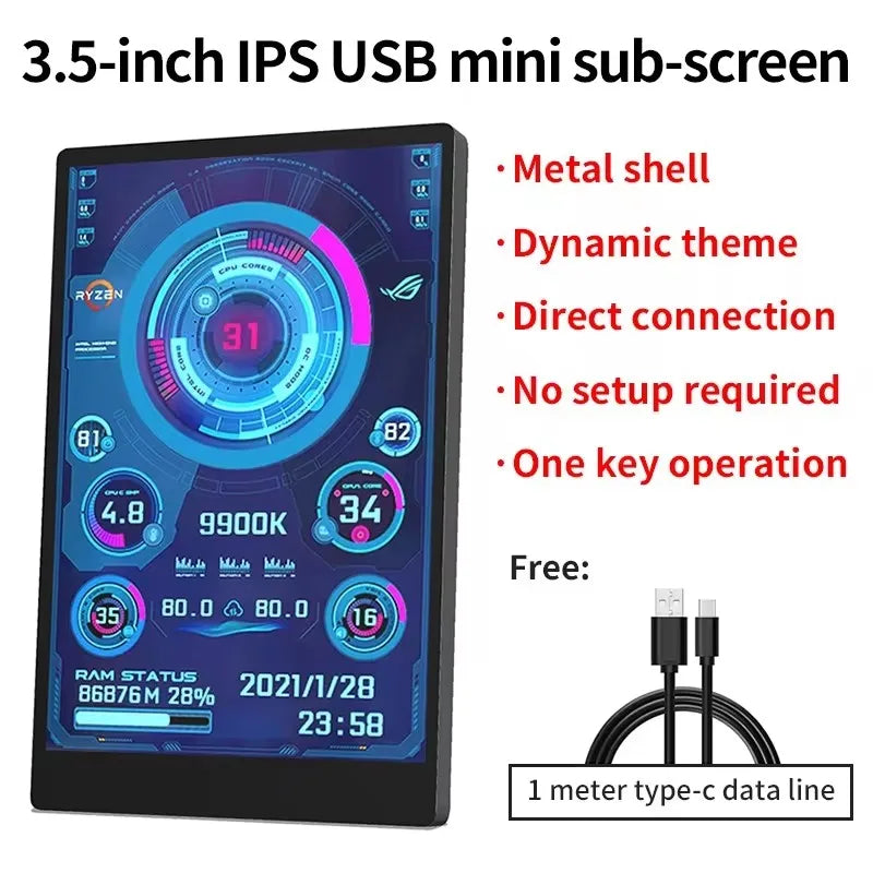 3.5 inch  IPS Type-C Secondary Screen Mini Computer USB Display CPU GPU RAM HDD Monitor with Holder Metal Case No Use AIDA64