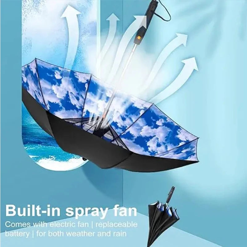 3 in 1 Umbrella with Fan Portable Misting Fan Umbrella Battery Power