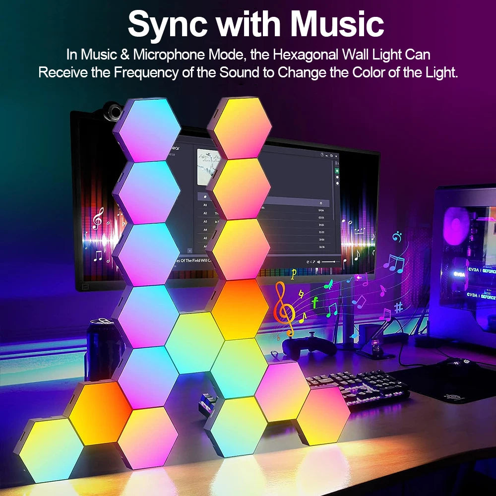 Hexagon Lights Wall RGB Panel Smart APP Music Sync Light Bedroom.