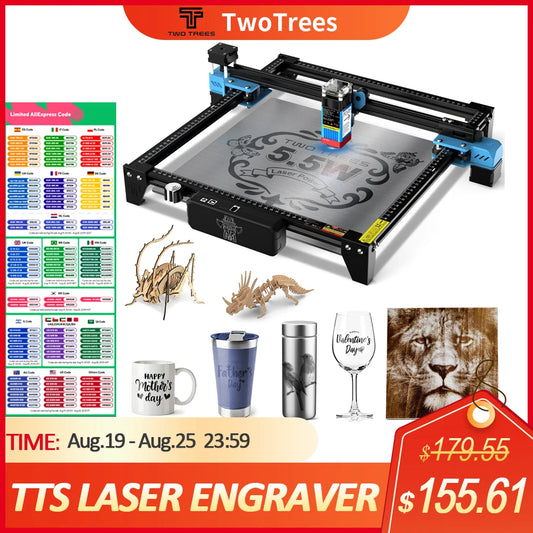 TwoTrees TTS-10 TTS-55 Laser Engraver 40W/80W Laser Engraving Cutting Woodworking Machine for Wood Plastic Stainless steel