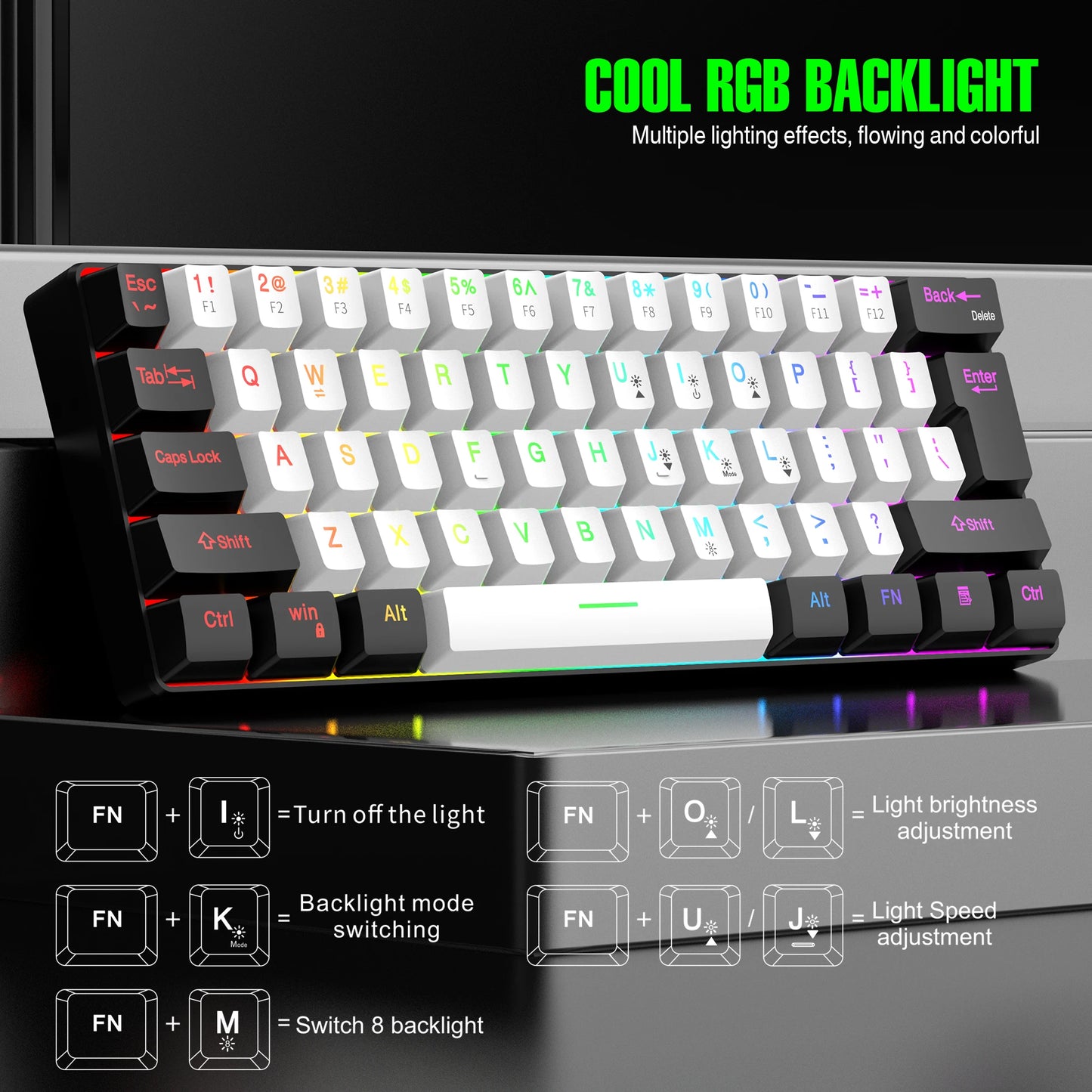 60% wired gaming keyboard, RGB backlight ultra compact mini keyboard, waterproof small compact 61 key keyboard for pc/Mac gamers