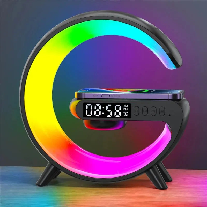 Wireless Charger Pad Stand Speaker TF Card RGB Night Light Lamp Alarm Clock Fast Charging Station Dock for iPhone Samsung Xiaomi