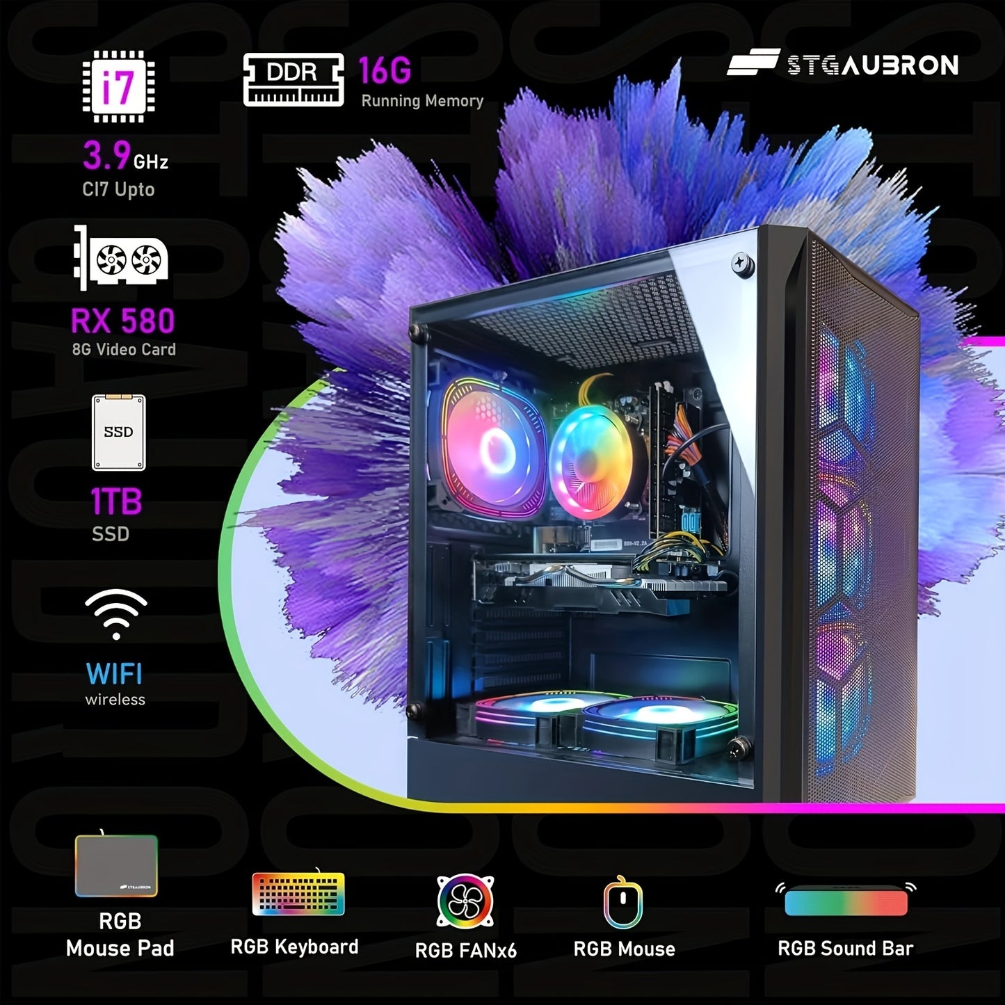 STGAubron Gaming Desktop PC, Intel Core i7 3.4G up to 3.9G, 16G DDR3, 1T SSD, Radeon RX 580 8G GDDR5, 600M WiFi, Wireless 5.0, RGB Fan x 6, RGB Keyboard&Mouse&Mouse Pad, RGB Wireless Sound Bar, RGB Wireless Gaming Mic, W10H64